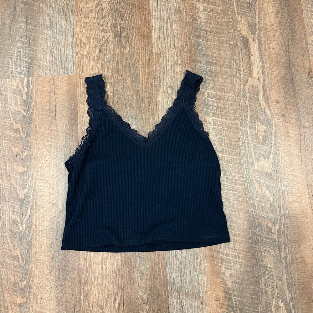American Eagle Navy Blue Lace-Trim Ribbed Tank Top - Women - Picture 2 of 4